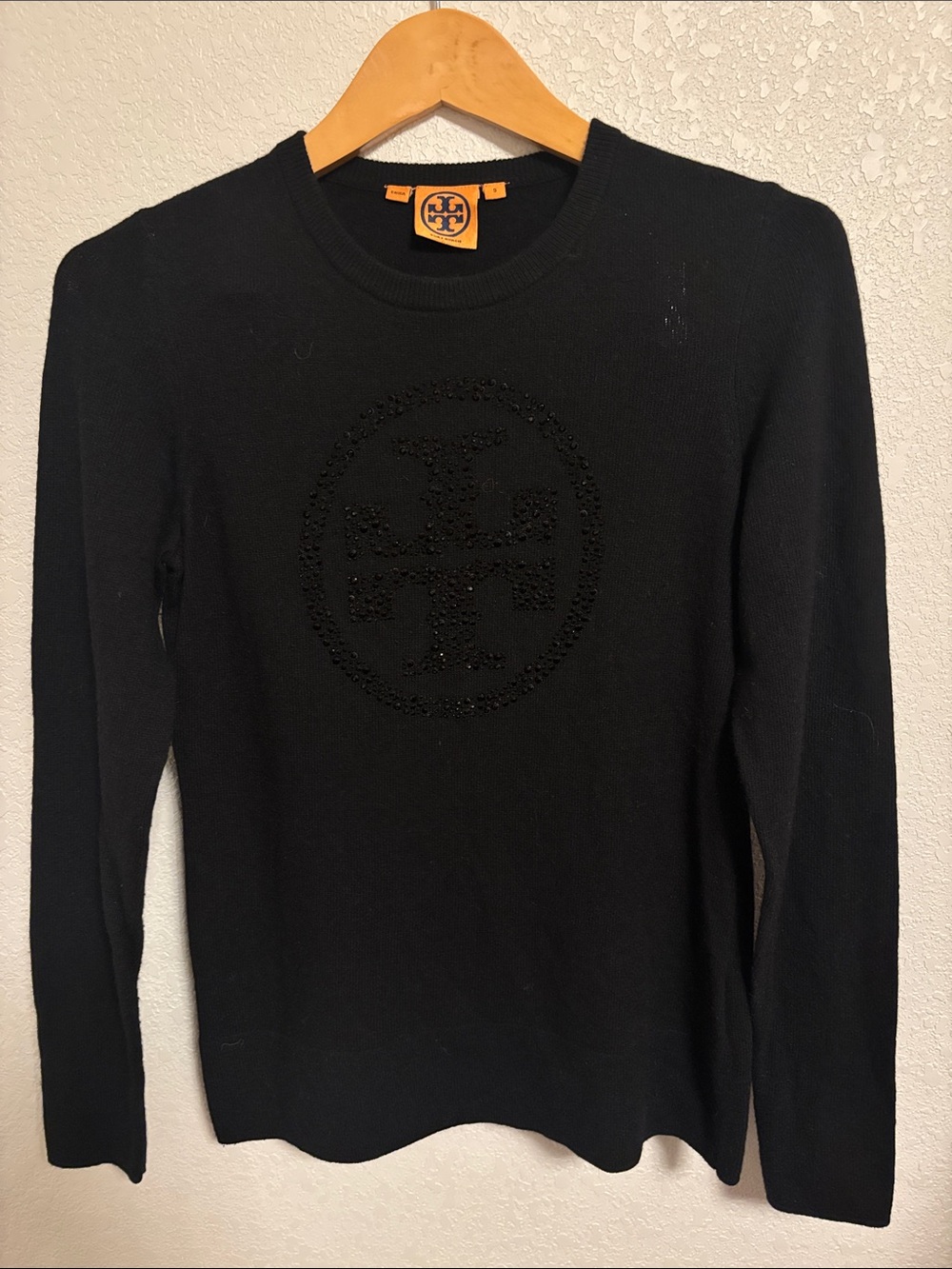 Tory Burch Black Crewneck Sweater with Tonal Logo cashmere Blend Small